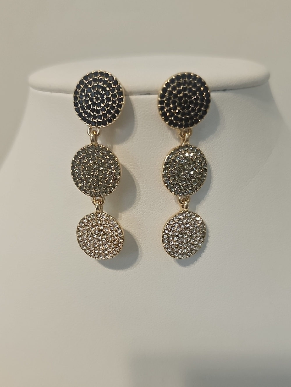 Ann Taylir Gold Triple Disc Black and Clear Crystal Drop Earrings